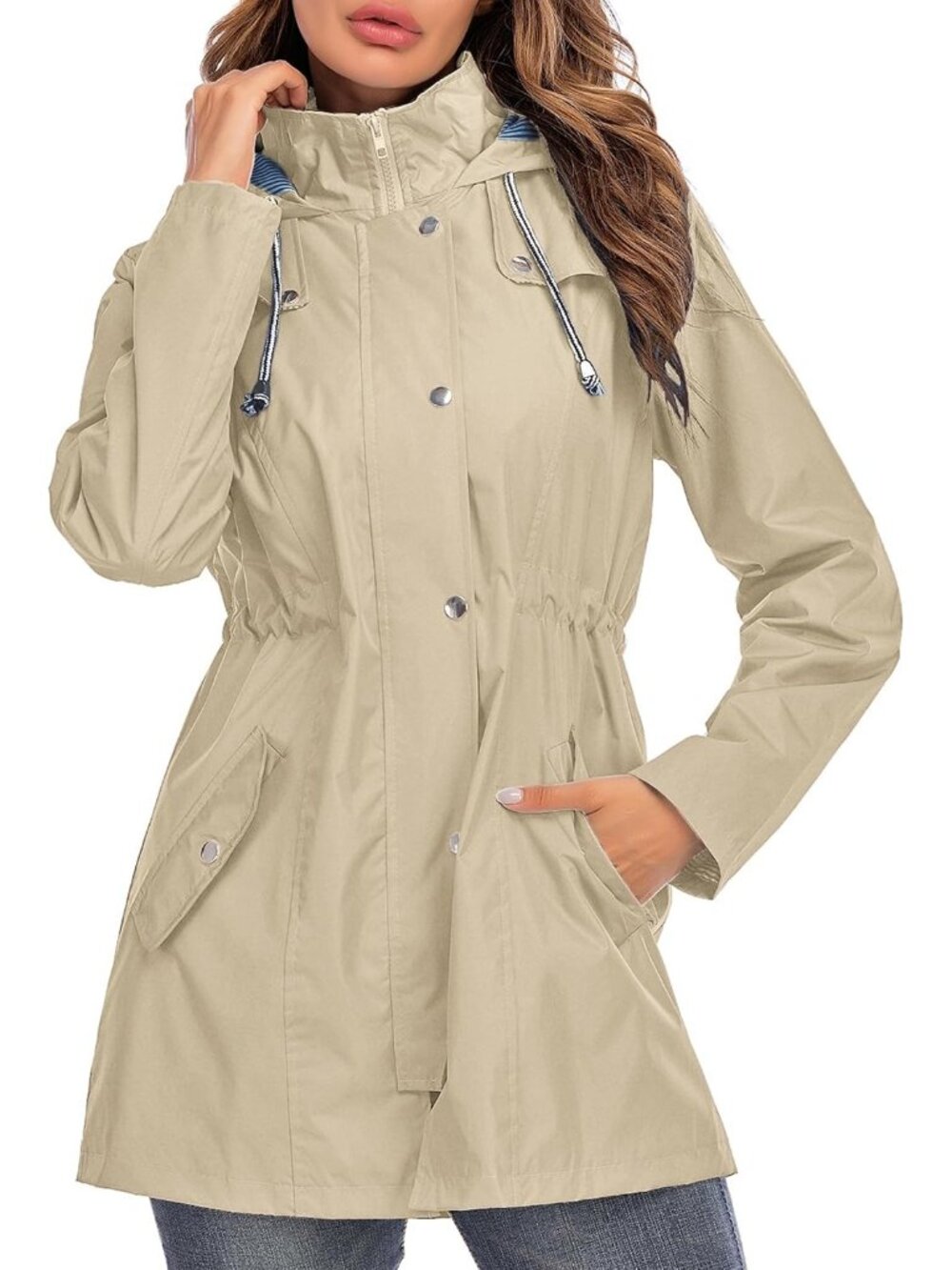 Women's Khaki Hooded Striped Lined Waterproof Active Hiking Packable Rain Jacket
